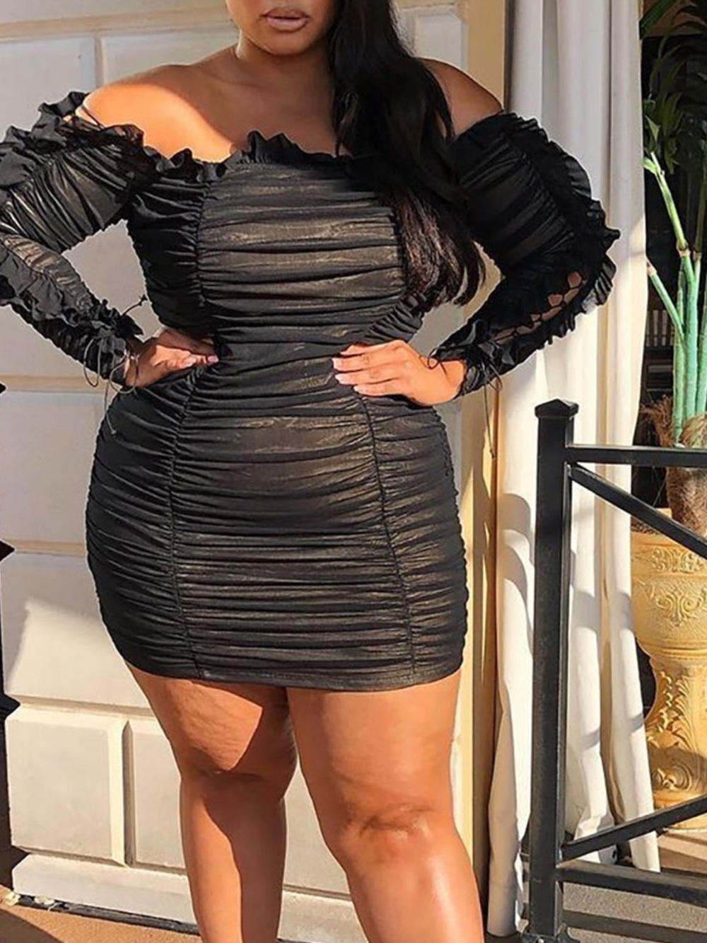 Fashion Nova Black Off-Shoulder Ruched Mini Dress